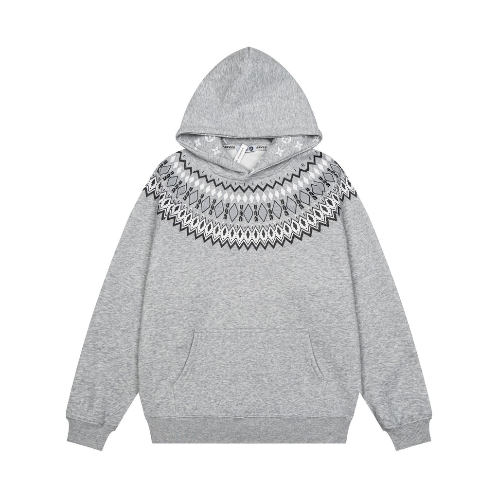 Geometric Fair Isle Pattern Long Sleeve Hooded Pullover Sweatshirt
