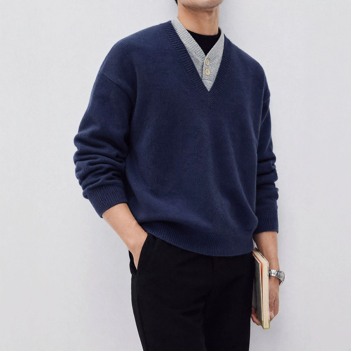 V-neck solid color pullover sweater
