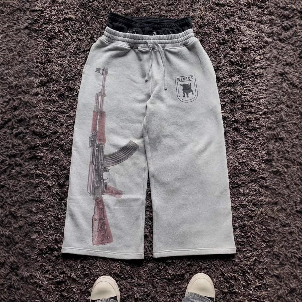 Streetwear Double Waist Embroidery Cuff Couples Sweatpants