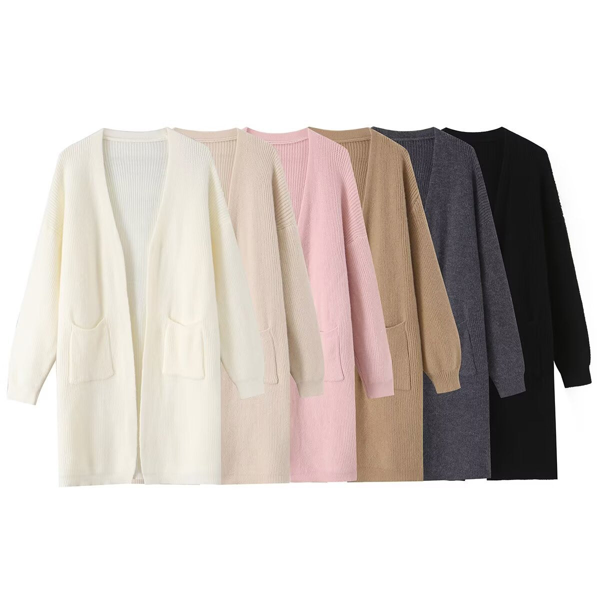 Pocket decoration loose V-neck buttonless long sweater for women