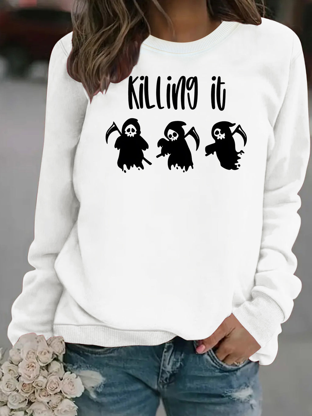 Death God print round neck fleece hoodie