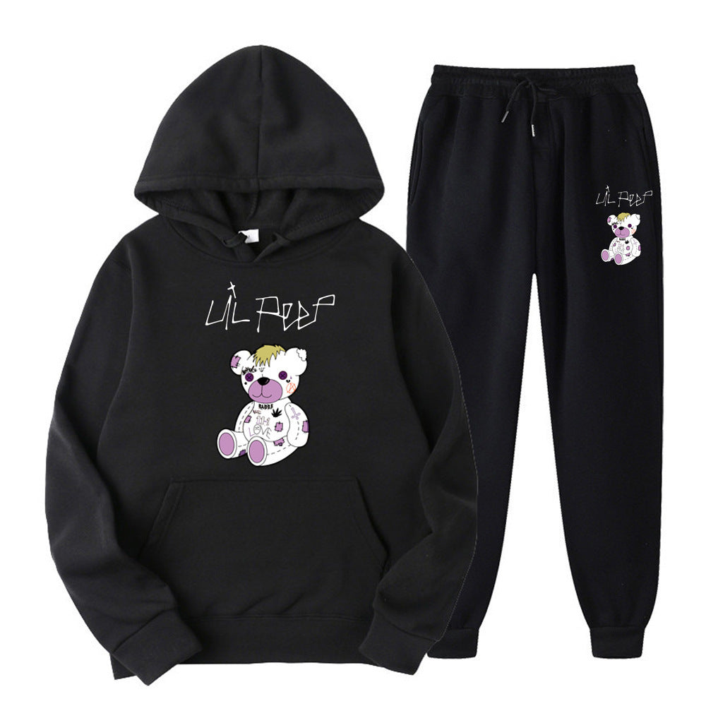 Men's Bear Print Fleece Hooded Sweatshirt Set