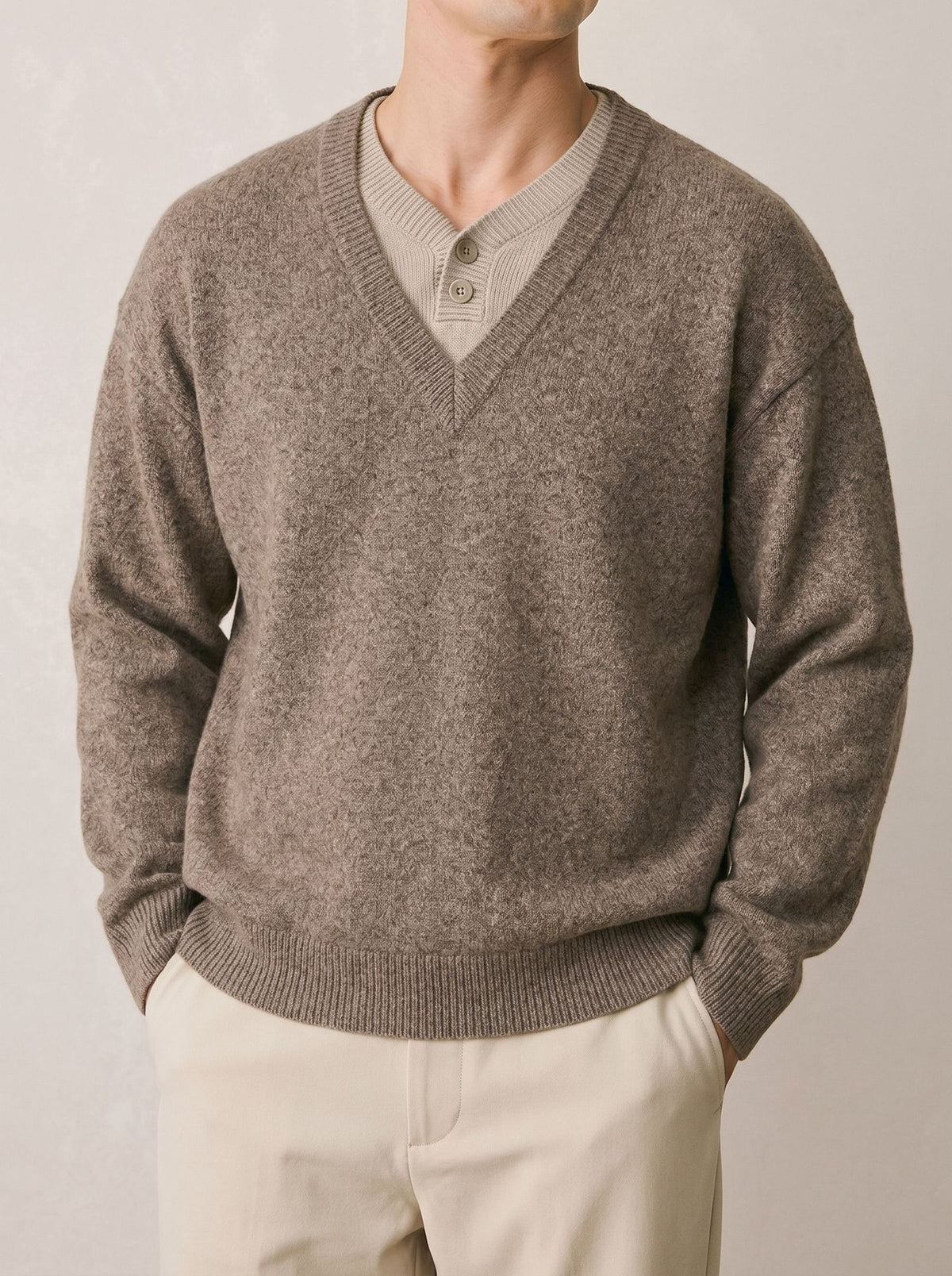 V-neck solid color pullover sweater