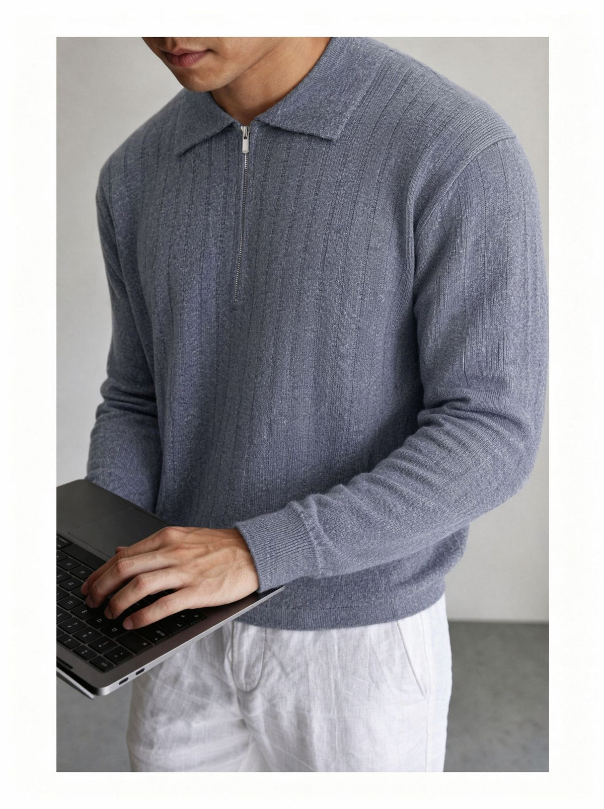 Half zip lapel long sleeved sweater for men