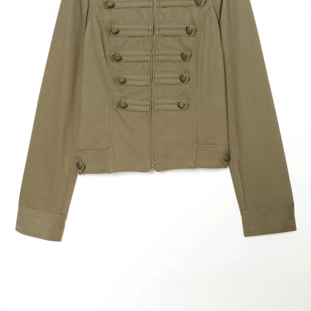 Knot button stand up collar zipper long sleeved jacket for women