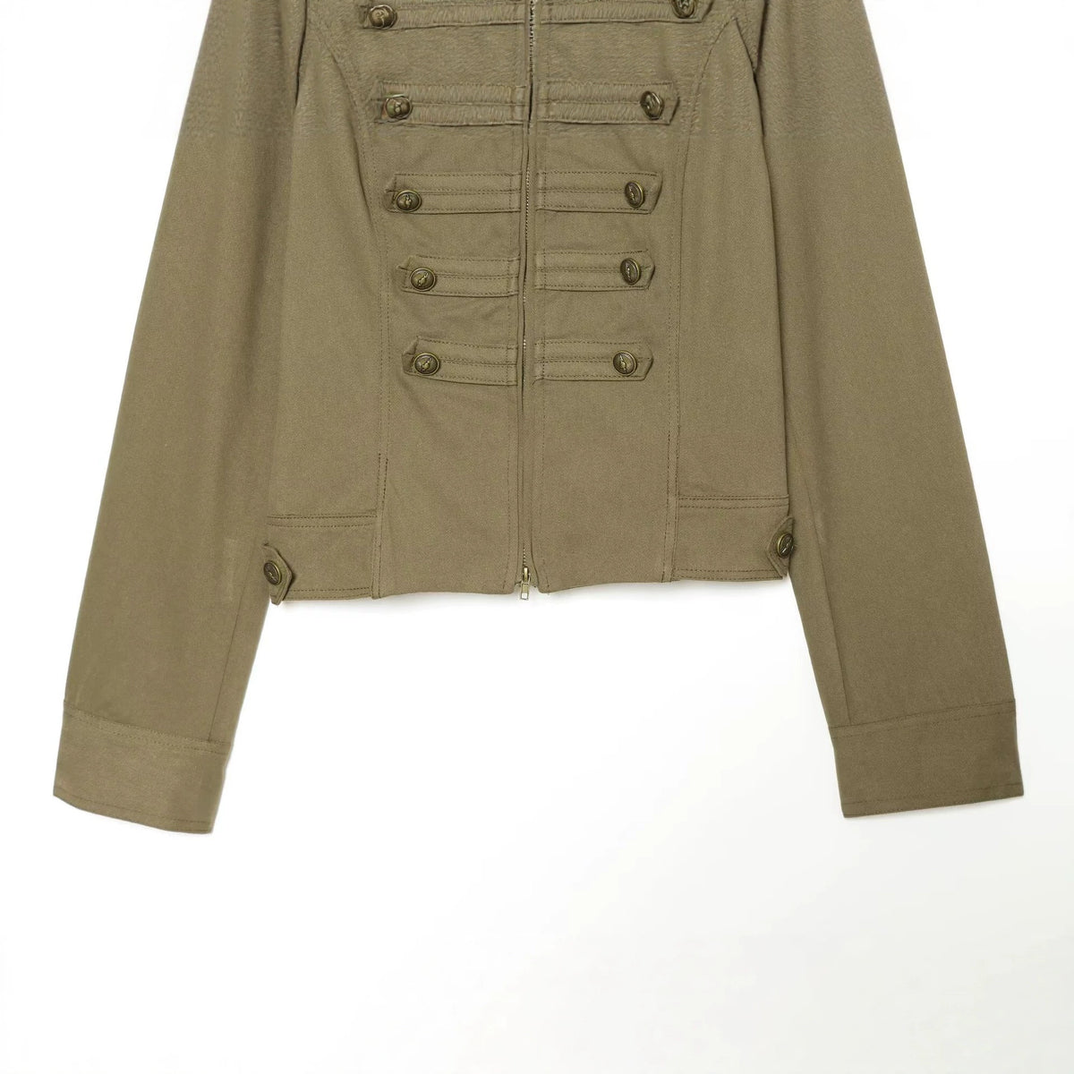 Knot button stand up collar zipper long sleeved jacket for women