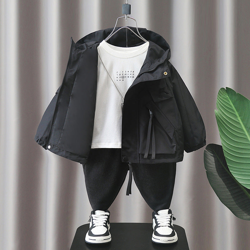 Boys' Black Hooded Windbreaker Jacket Spring Autumn Outerwear