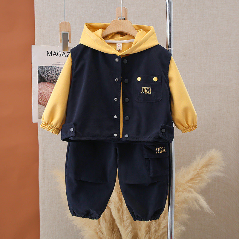 Boys Autumn Casual Vest Three-Piece Set, Trendy Street Style Cargo Workwear Outfit