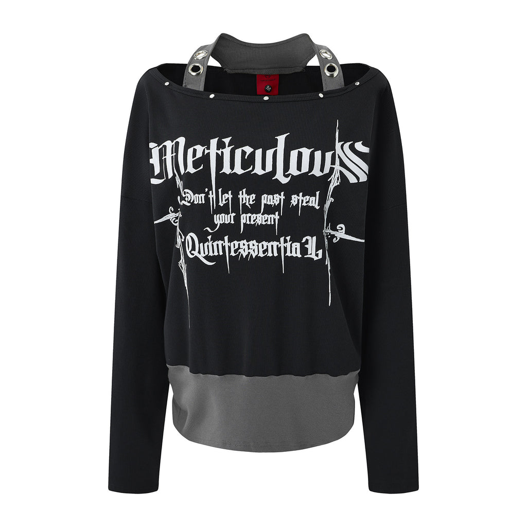 Gothic Letter Print Long Sleeve Halter Off-shoulder Women's Top