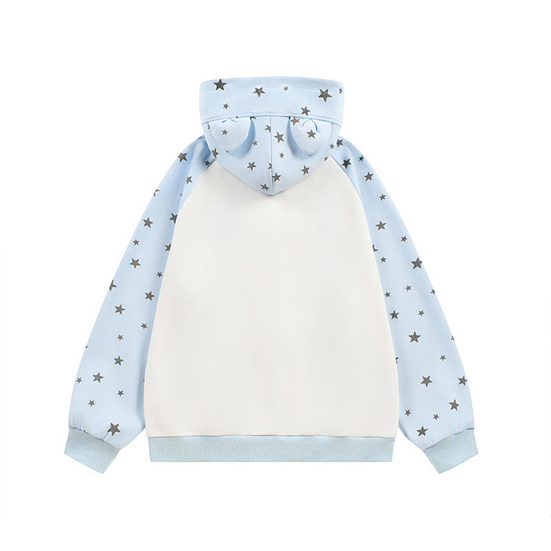 Full printed star cartoon pocket ear hooded cardigan sweatshirt