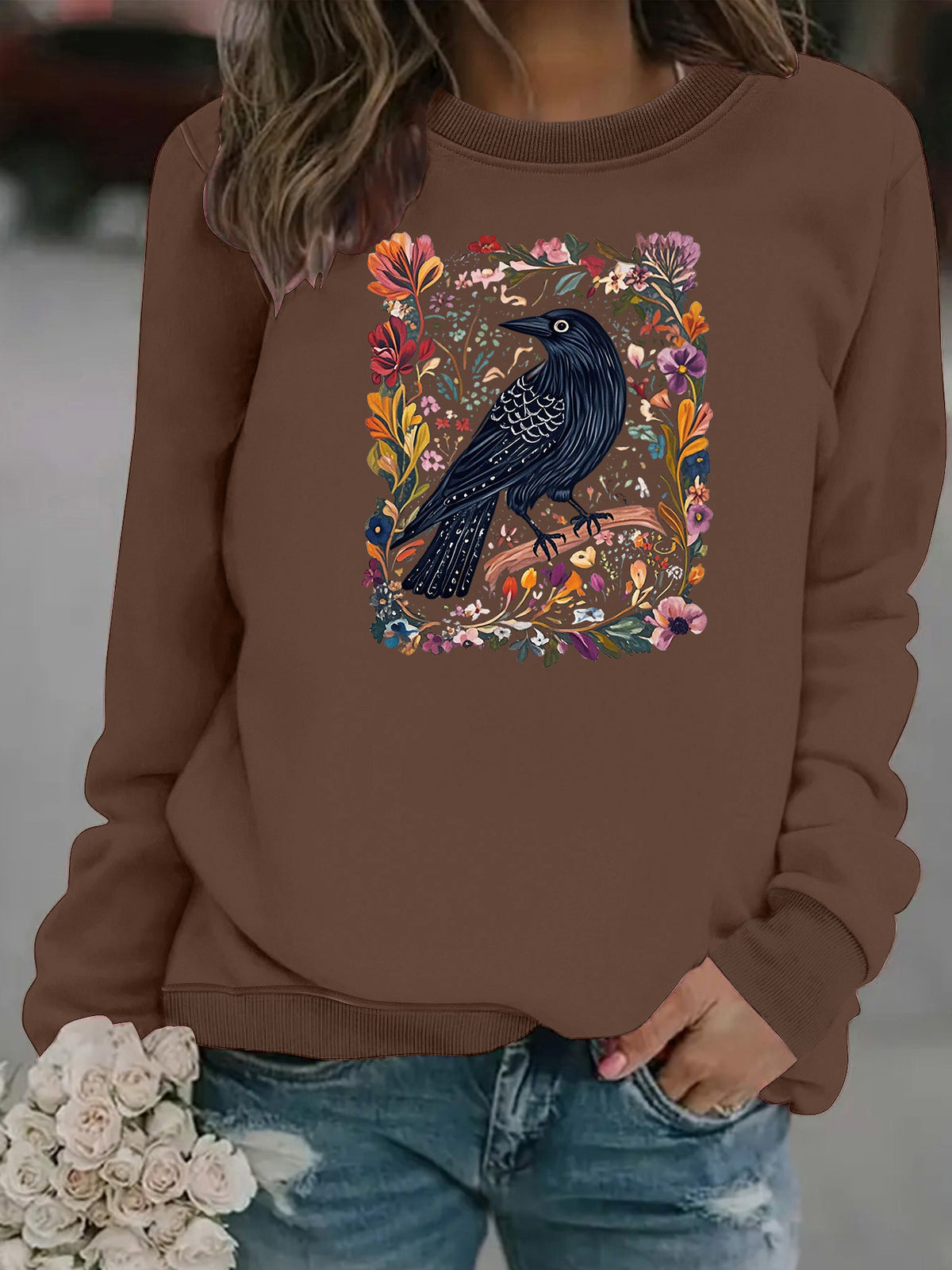 Crow print round neck fleece hoodie