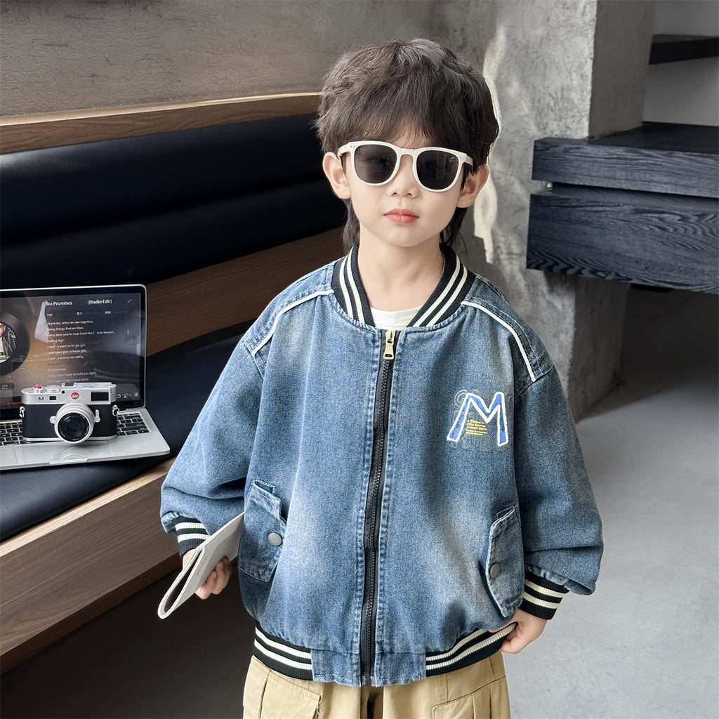 Casual Denim Button Front Lapel Regular Boys Baseball Jacket