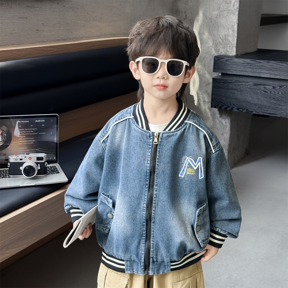 Casual Denim Button Front Lapel Regular Boys Baseball Jacket