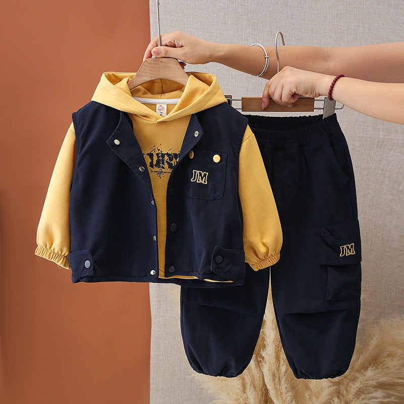 Boys Autumn Casual Vest Three-Piece Set, Trendy Street Style Cargo Workwear Outfit