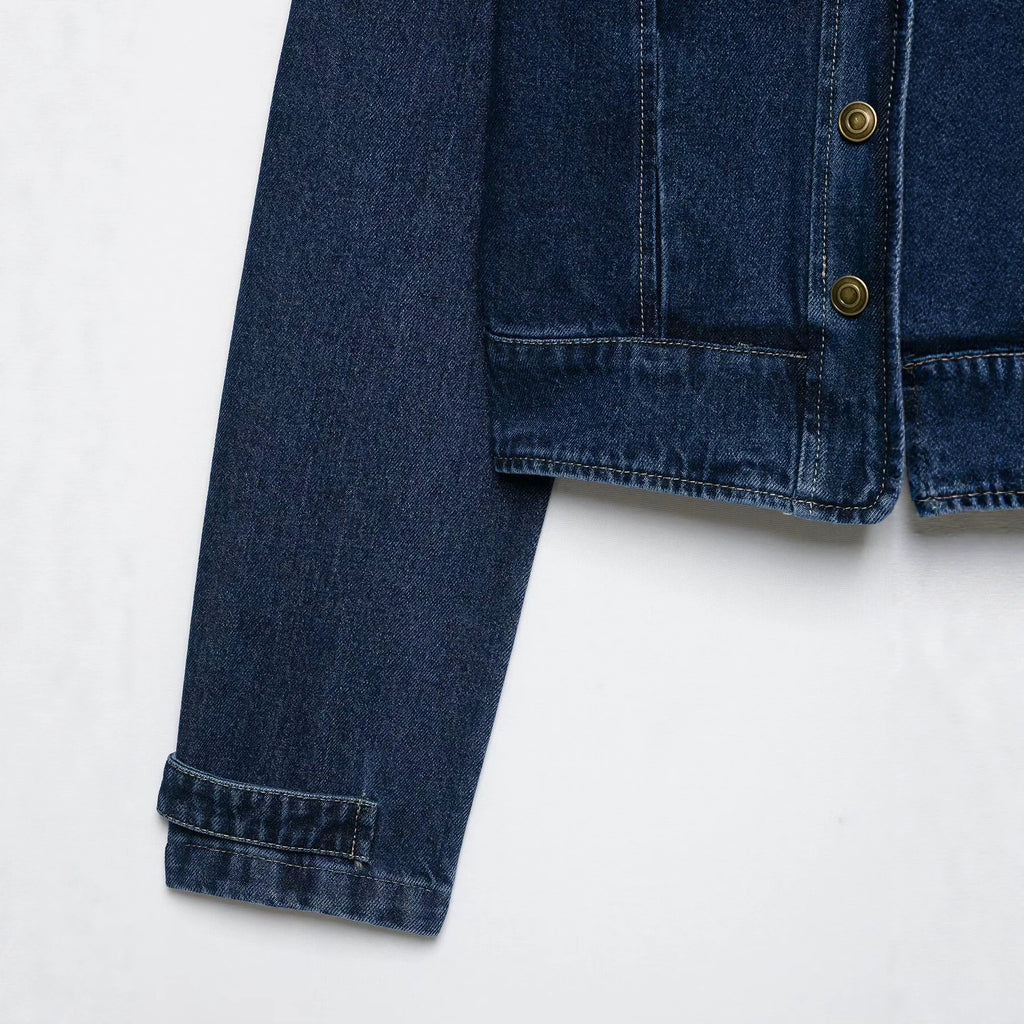 Double row button decoration stand collar denim jacket for women