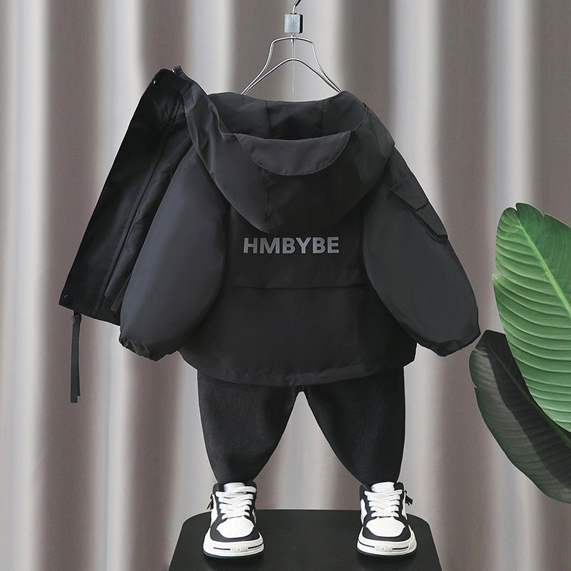 Boys' Black Hooded Windbreaker Jacket Spring Autumn Outerwear