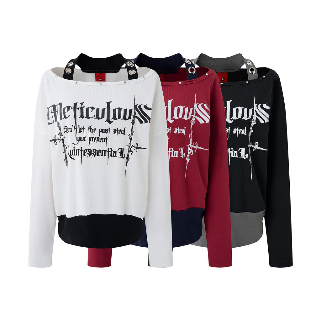 Gothic Letter Print Long Sleeve Halter Off-shoulder Women's Top