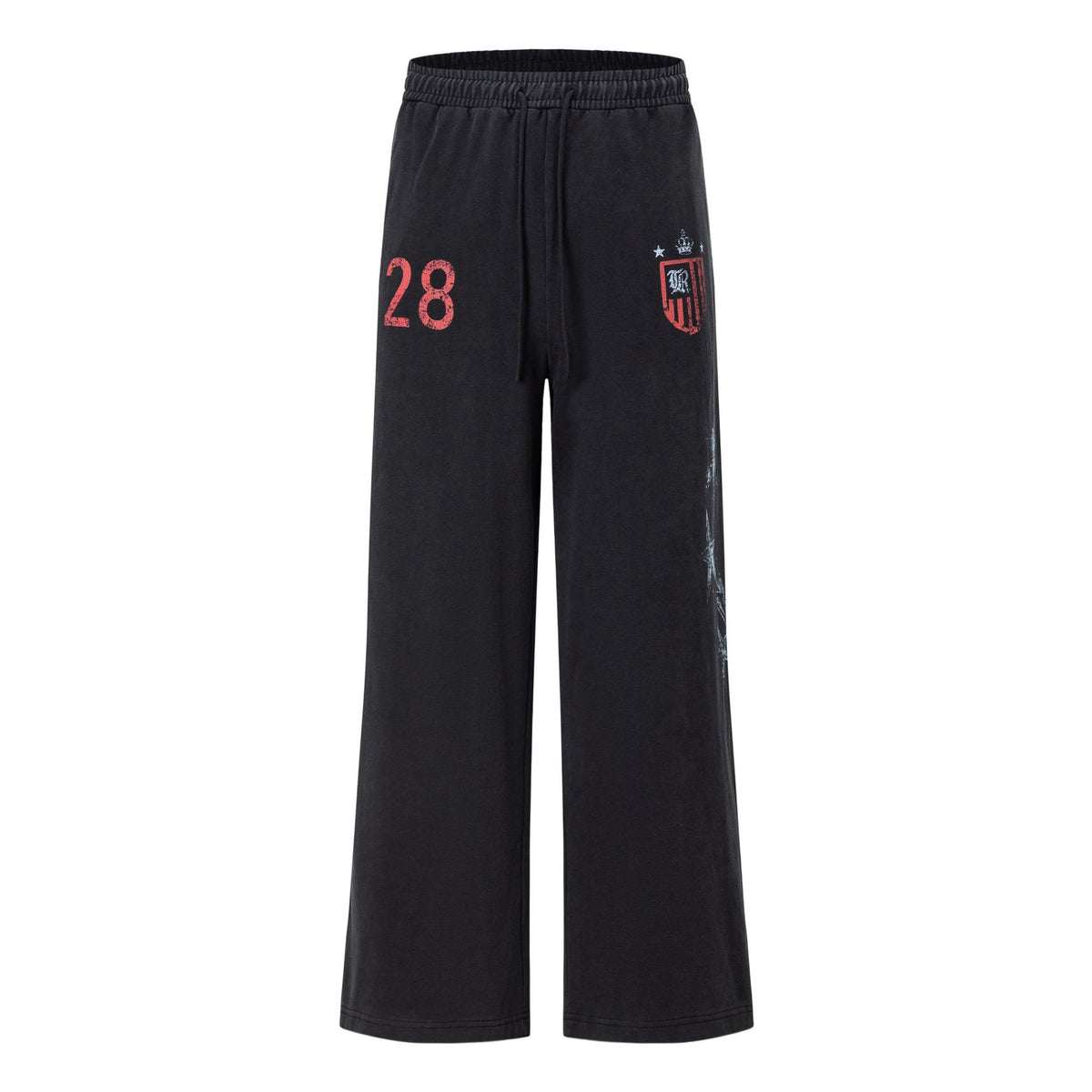 Washed Distressed Loose Straight Leg Sweatpants with Badge