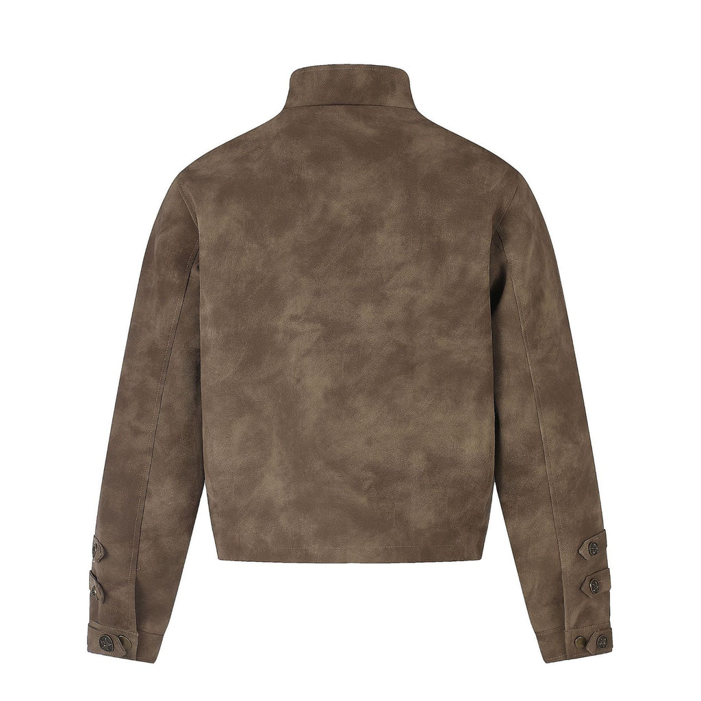 Faux Suede Metal Button Stand Collar Cropped Motorcycle Jacket for Unisex