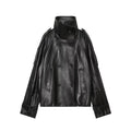 Loose pocket decoration double breasted stand up collar faux leather jacket for women