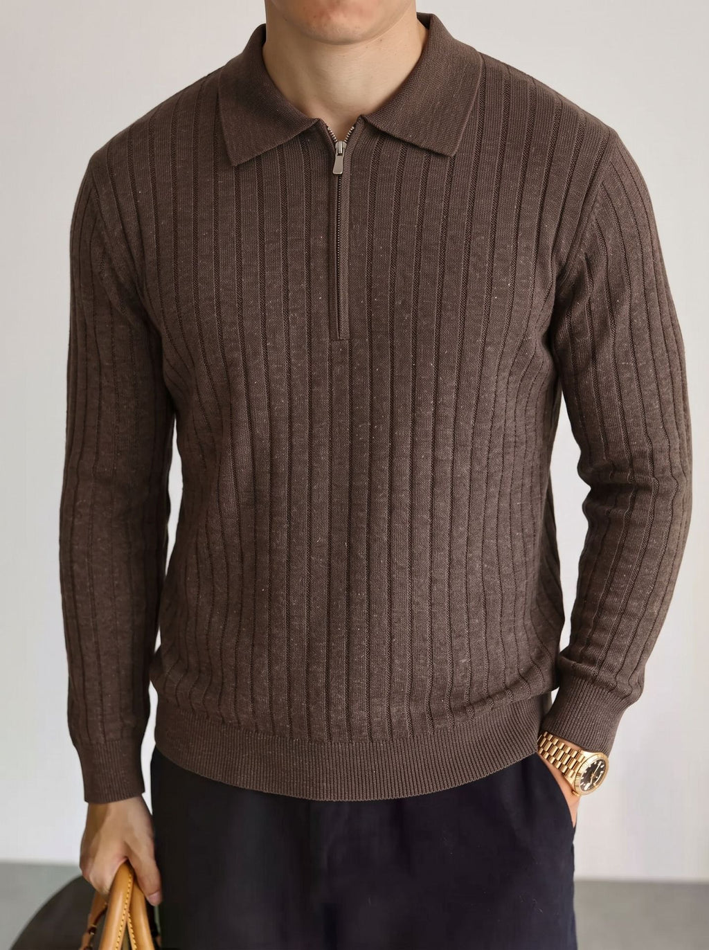 Half zip lapel long sleeved sweater for men