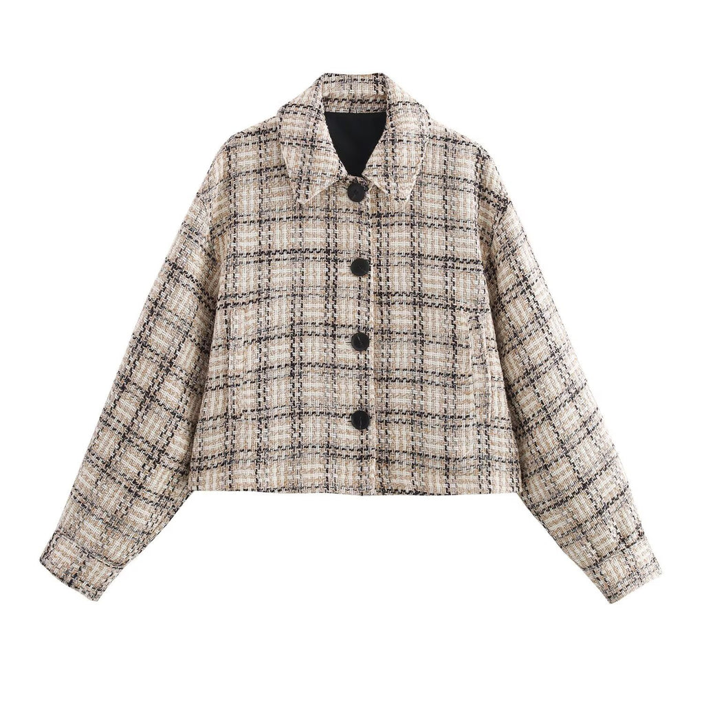 Casual single breasted lapel plaid jacket for women