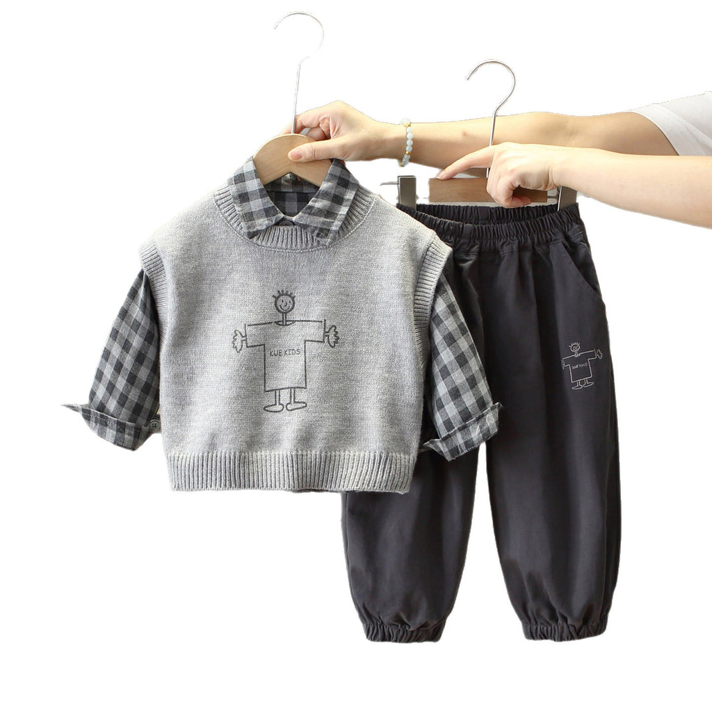Boys Autumn Spring Sweater Vest and Shirt Three-Piece Set