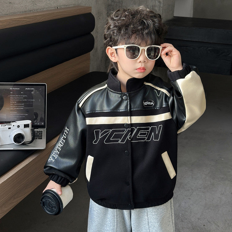 Style PU Leather Zipper Stand Collar Slim Fit Jacket for Boys