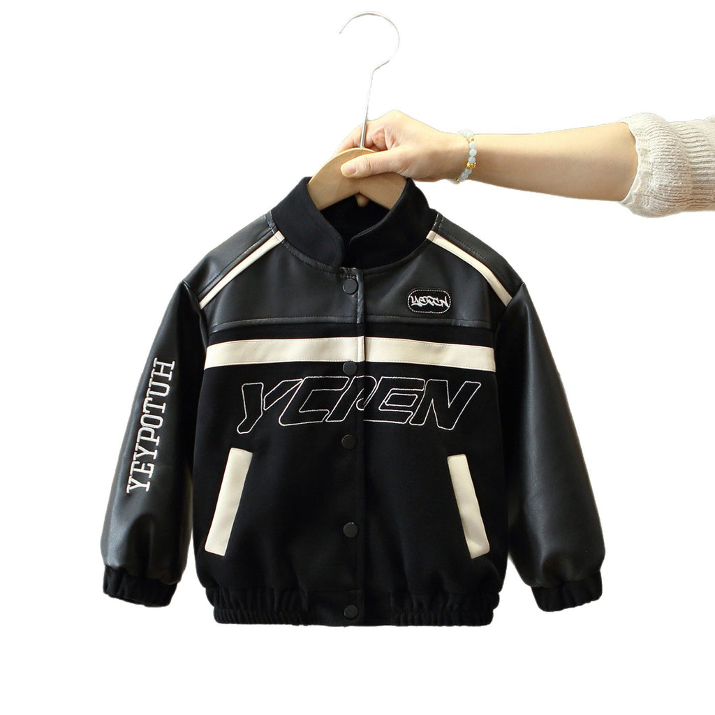 Style PU Leather Zipper Stand Collar Slim Fit Jacket for Boys