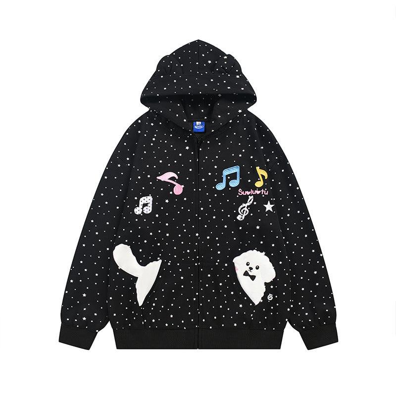 Patch bag hooded cardigan sweatshirt