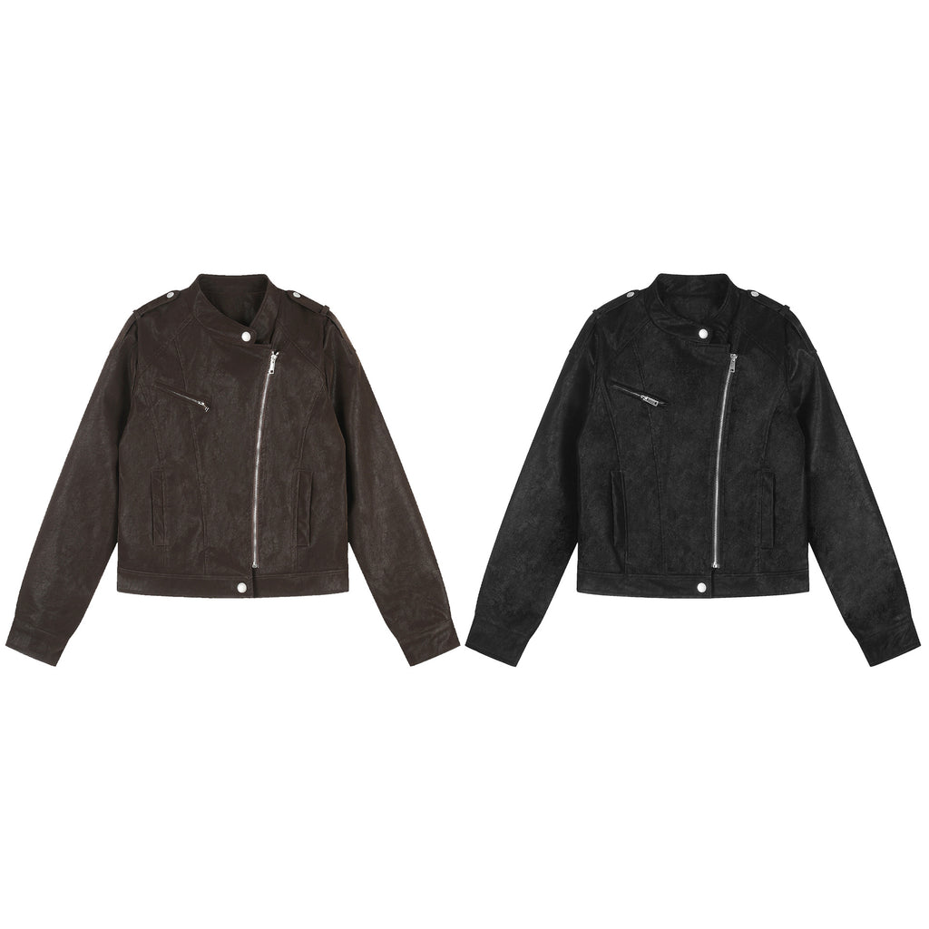 Faux Leather Asymmetric Zipper Stand Collar Cropped Loose Motorcycle Jacket