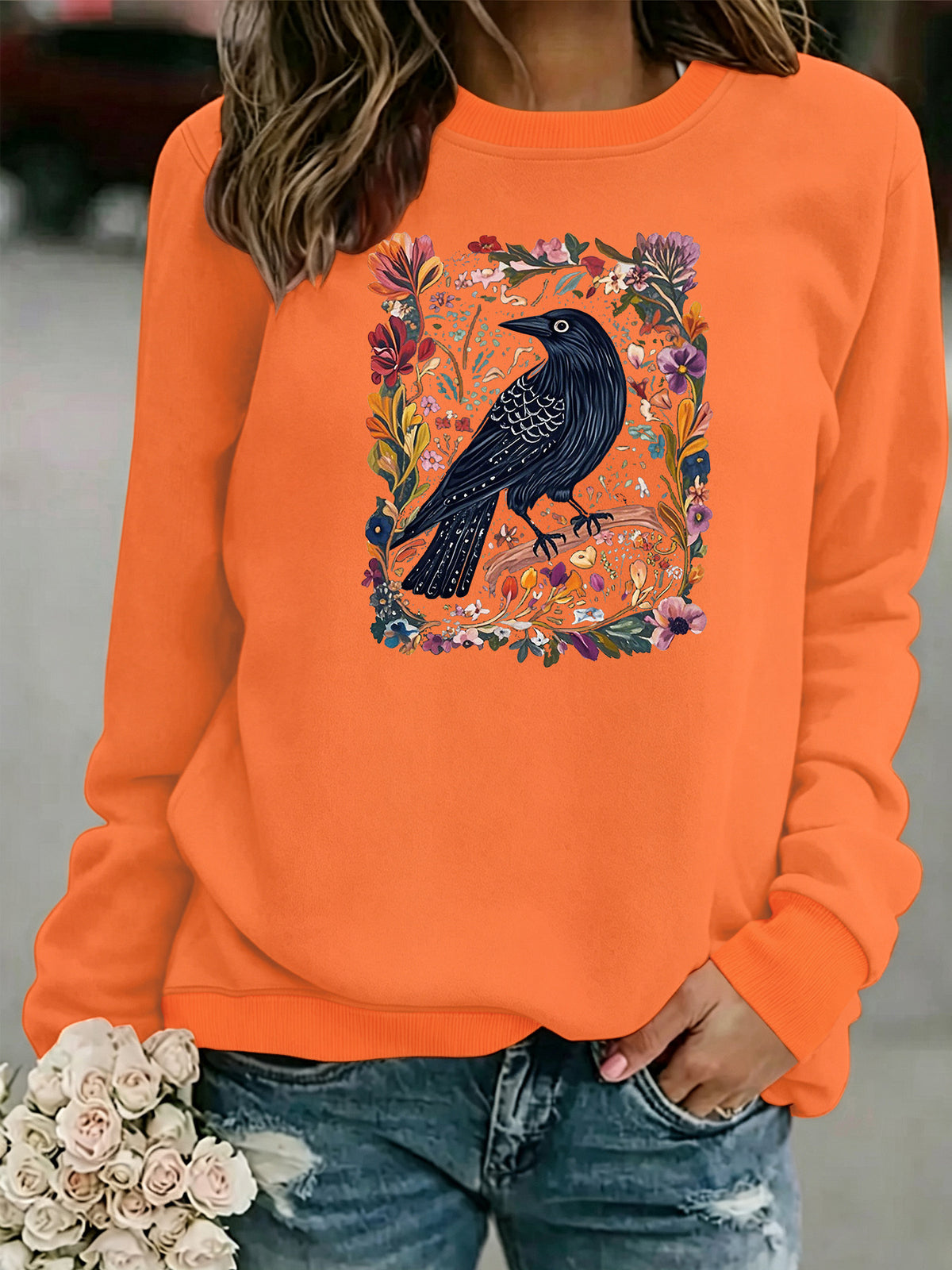 Crow print round neck fleece hoodie