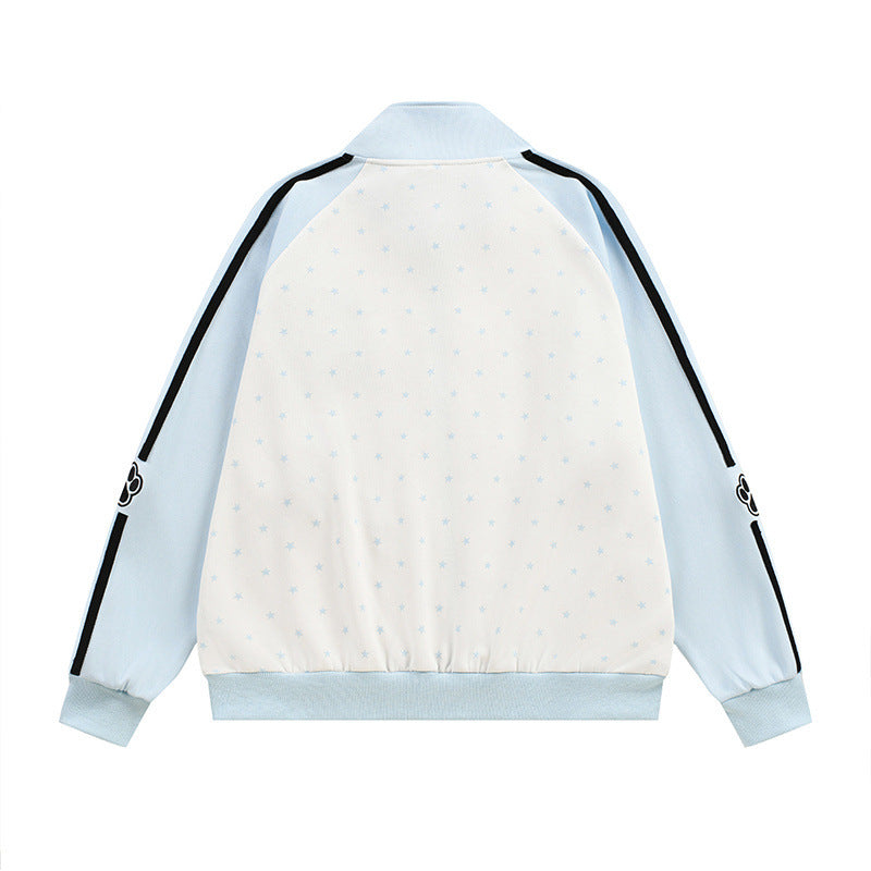 Color blocking patchwork shoulder length long sleeved stand up collar cardigan sweatshirt