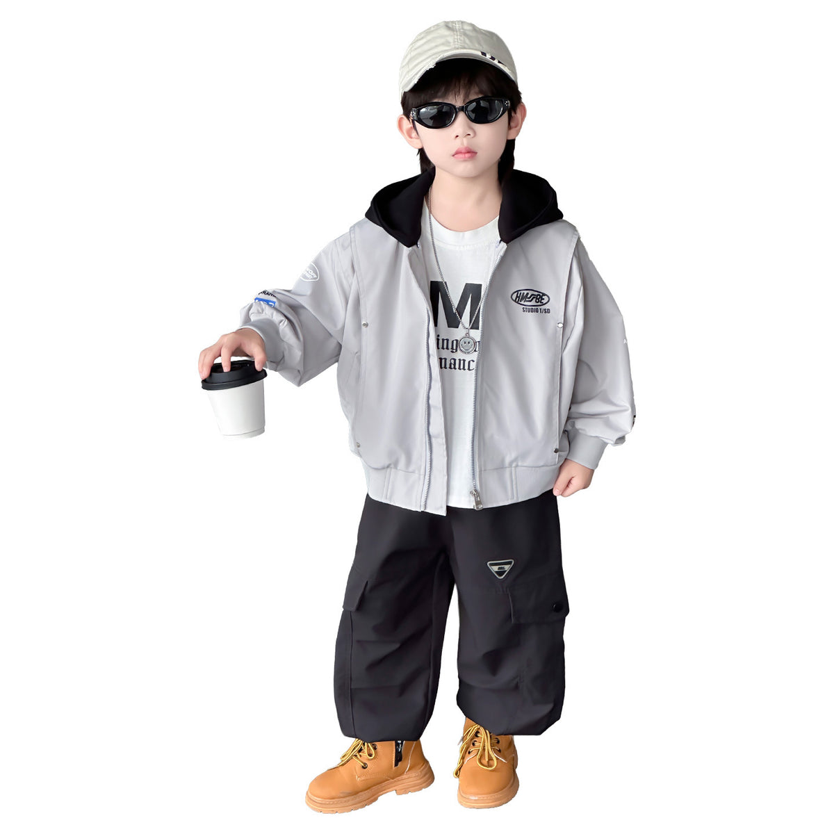 Boys Hooded Jacket Spring Autumn Layered Open Front Coat