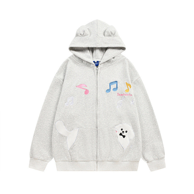 Patch bag hooded cardigan sweatshirt