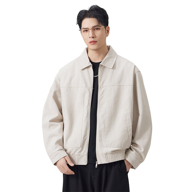 Vintage Casual Workwear Coffee Brown Turn-Down Collar Loose Cotton Jacket for Men