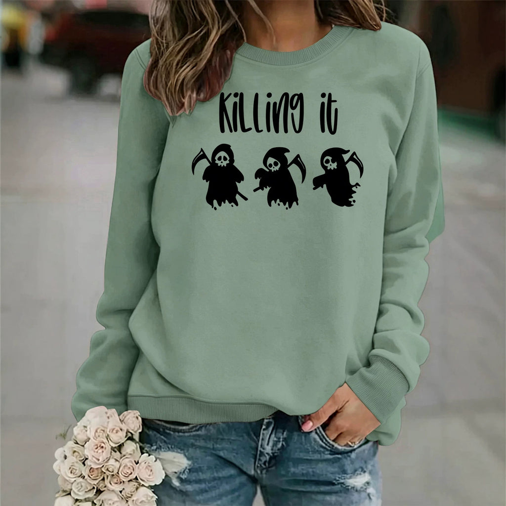 Death God print round neck fleece hoodie
