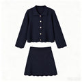 Button up wavy edge knitted jacket+short skirt set for women