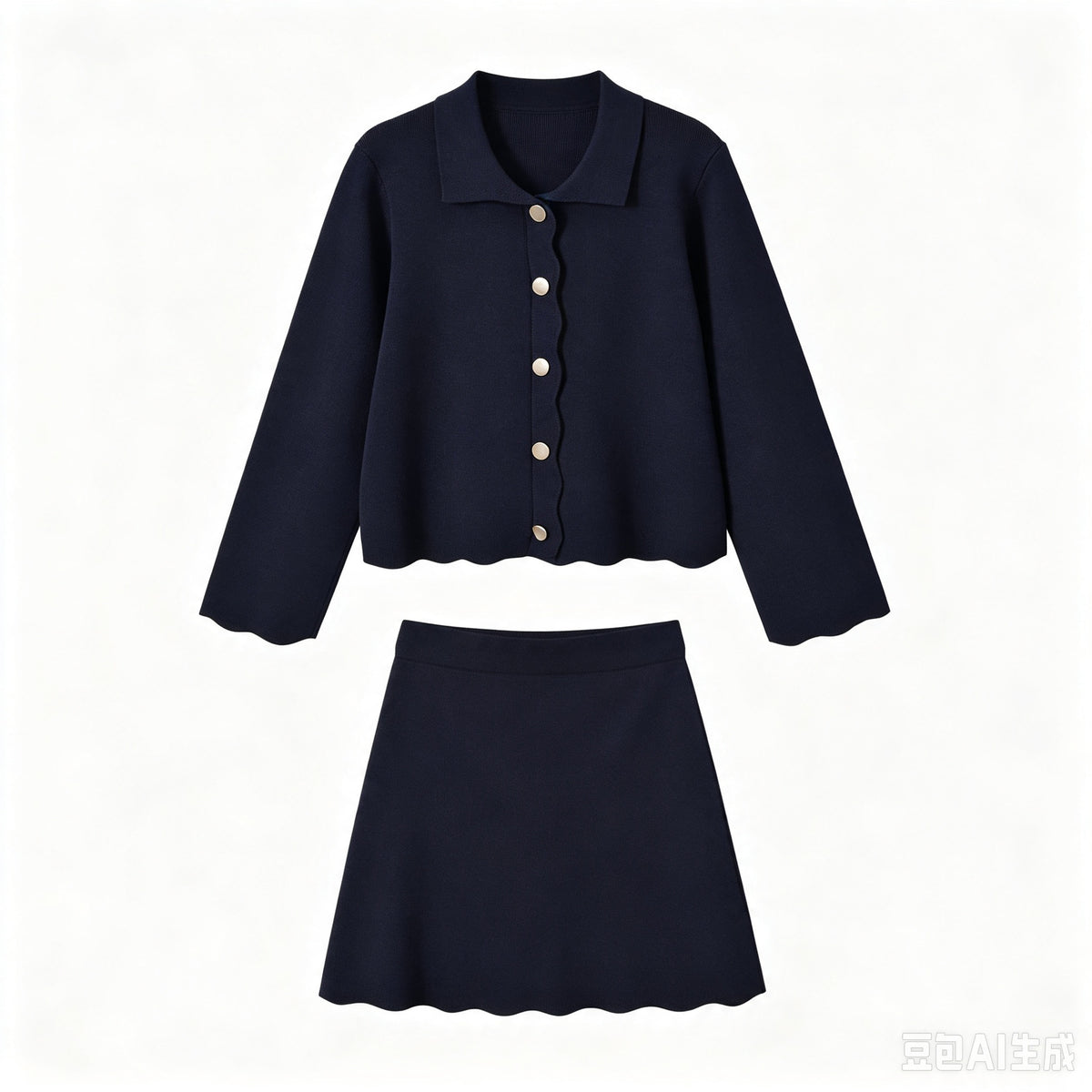 Button up wavy edge knitted jacket+short skirt set for women