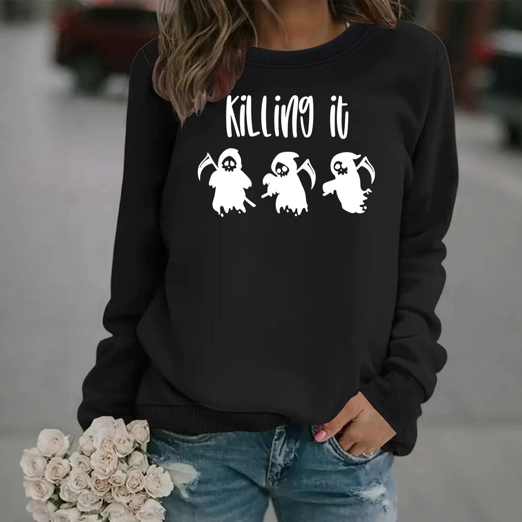 Death God print round neck fleece hoodie