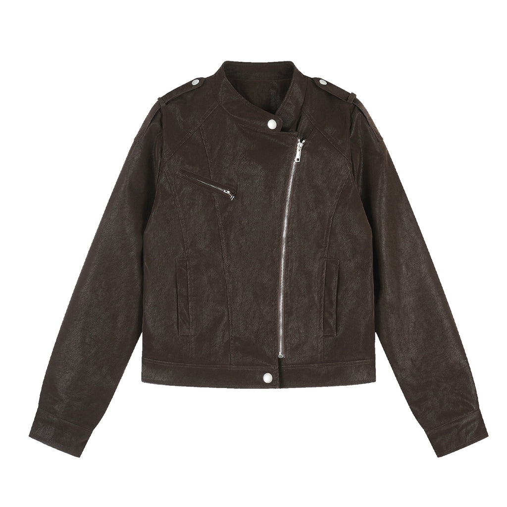 Faux Leather Asymmetric Zipper Stand Collar Cropped Loose Motorcycle Jacket
