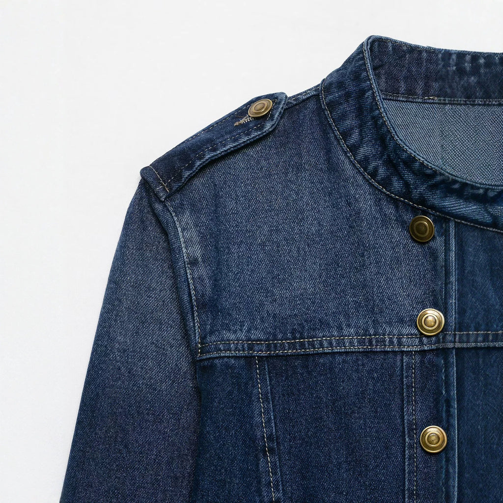 Double row button decoration stand collar denim jacket for women