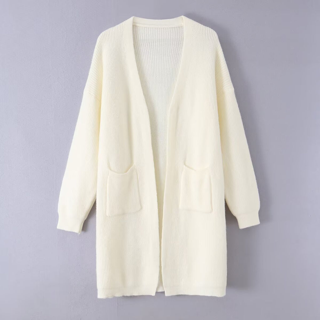 Pocket decoration loose V-neck buttonless long sweater for women