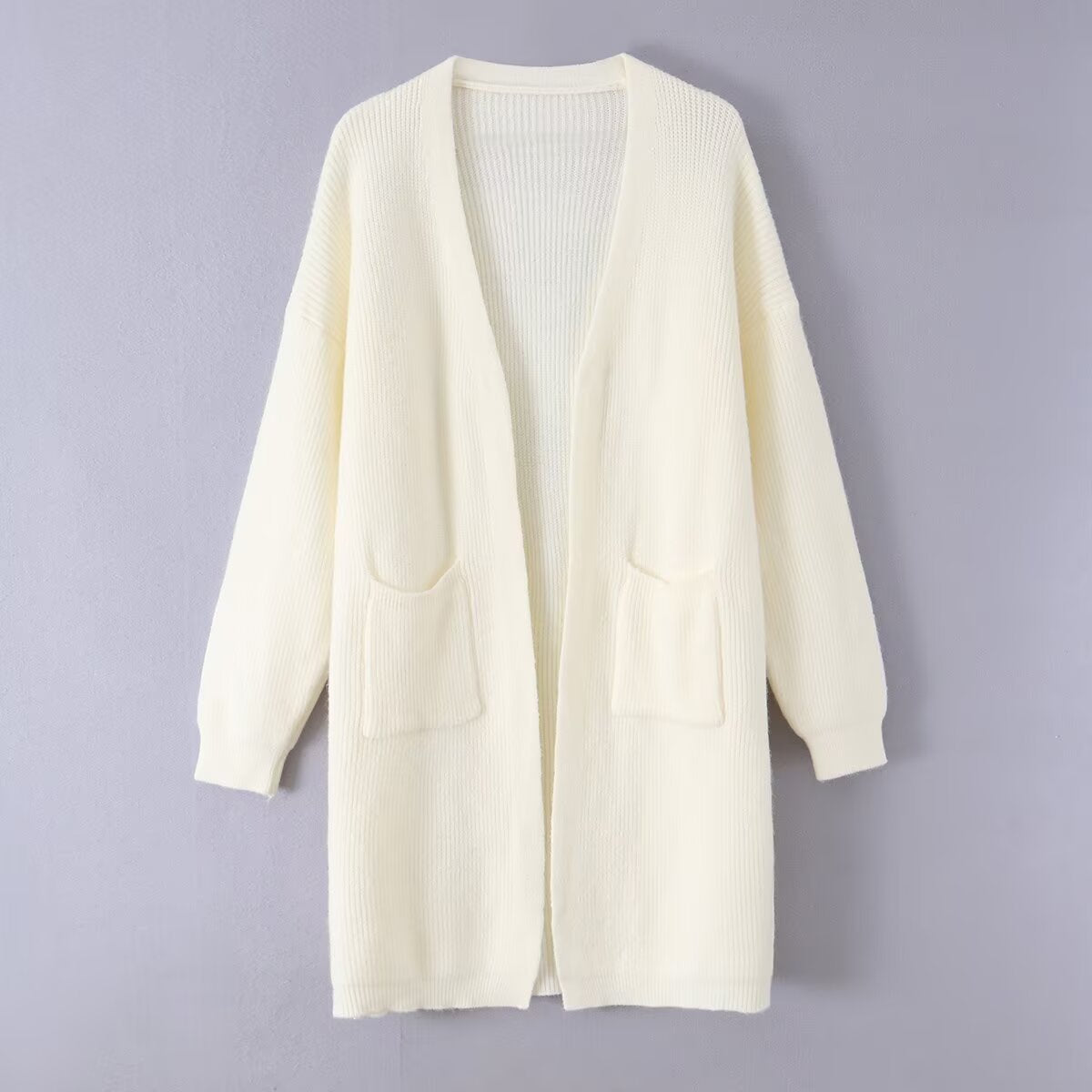 Pocket decoration loose V-neck buttonless long sweater for women