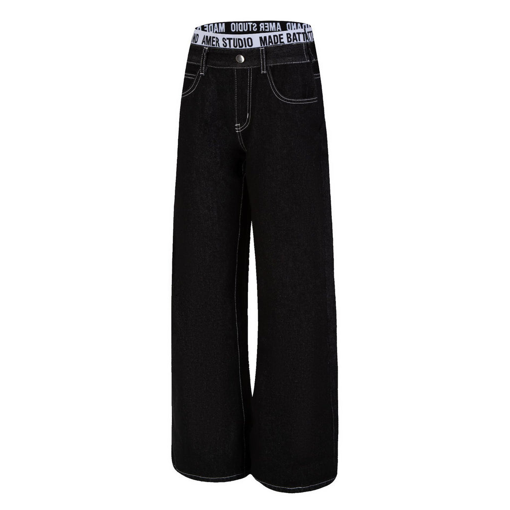 Contrast Stitching Wide Leg Jeans with Embroidered Letter Waistband and Pockets