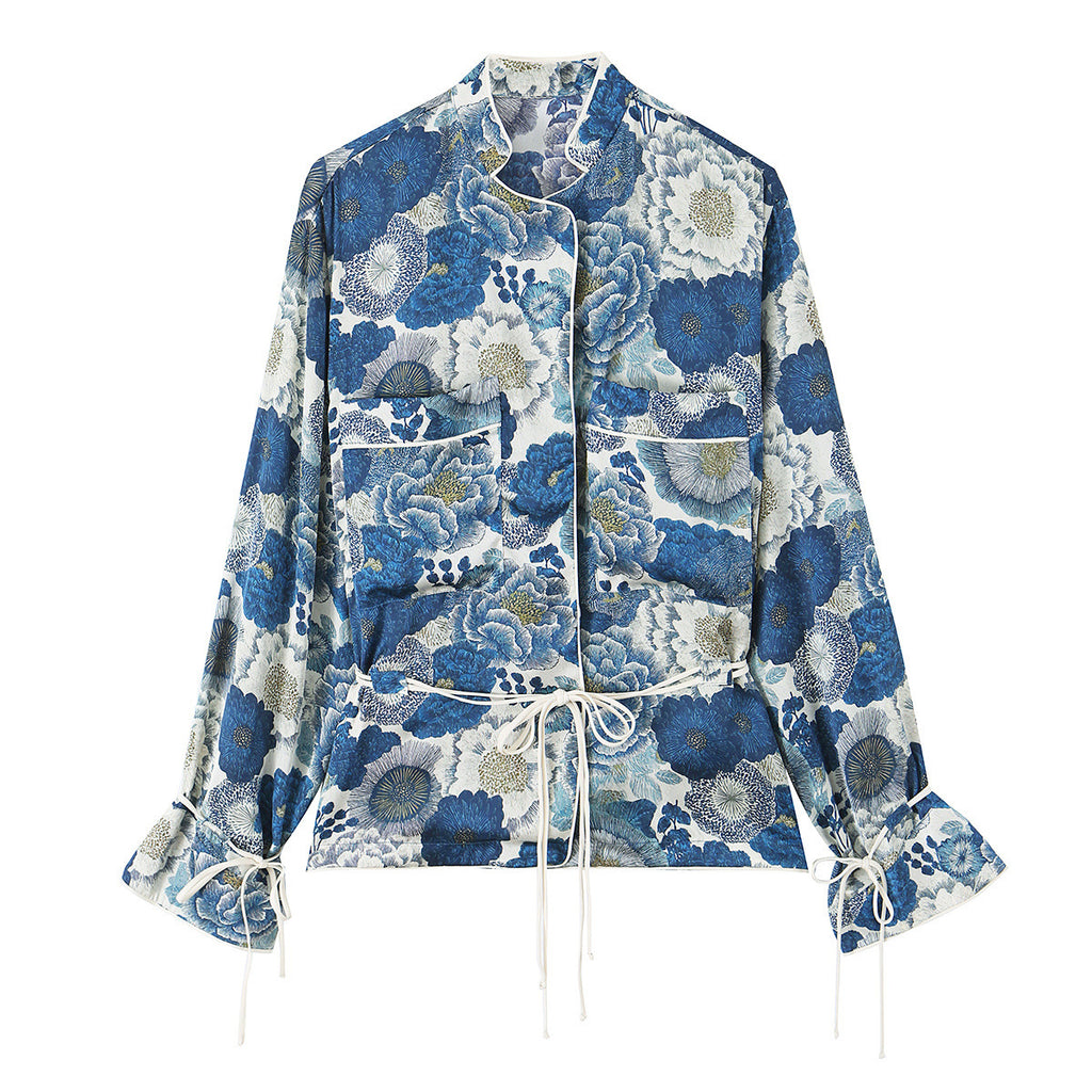 Loose breasted lace up printed shirt+pants set for women