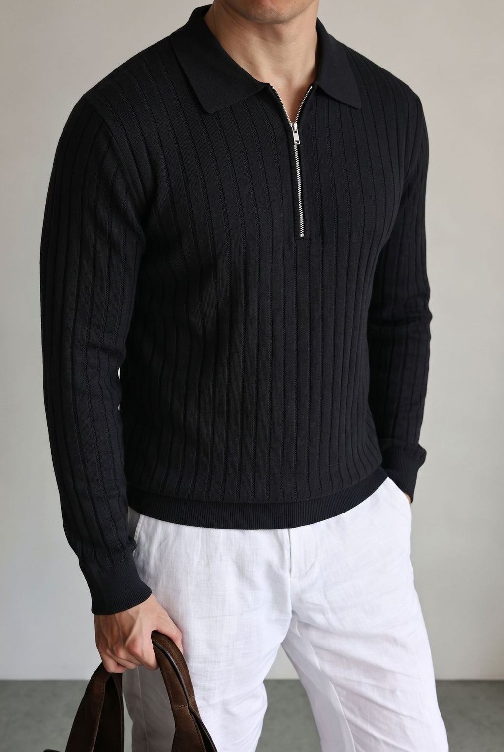 Half zip lapel long sleeved sweater for men