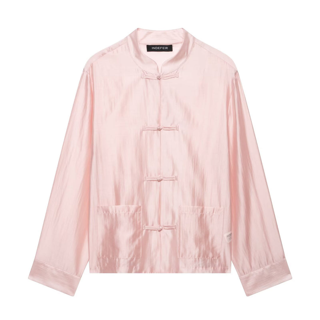 Casual and minimalist knot buckle stand up collar long sleeved shirt for women