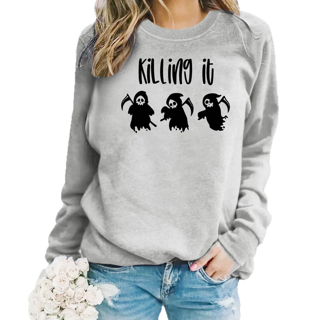 Death God print round neck fleece hoodie