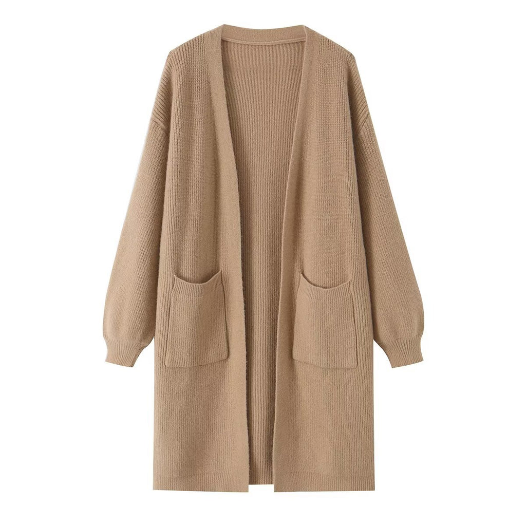 Pocket decoration loose V-neck buttonless long sweater for women
